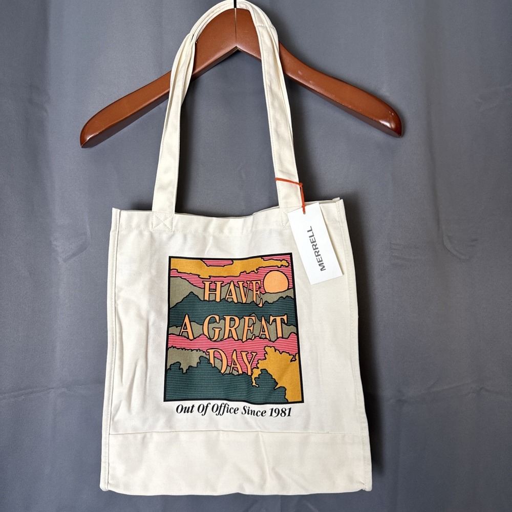 Merrell Canvas Tote Bag With Handles Cream Color With Message "Have A Great Day"